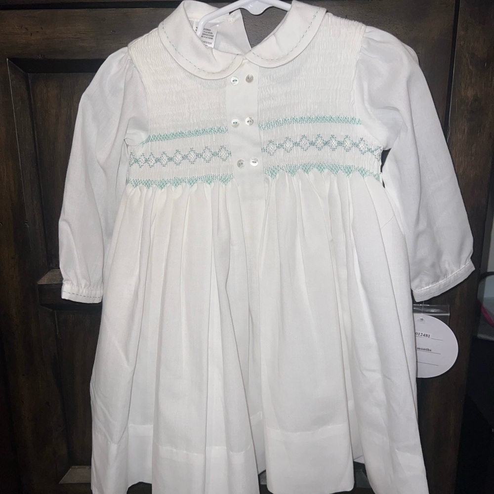 Sarah Louise White Smocked Baby Dress with Blue Accents